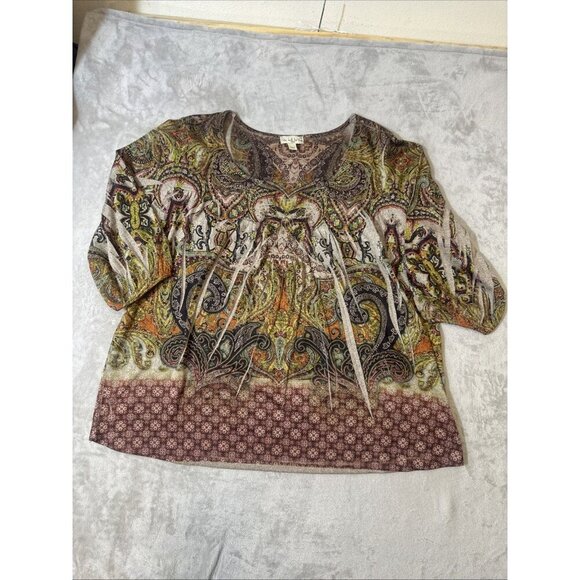 One World 2X Boho Paisley Mixed Print Top Scoop Neck 3/4 Sleeve Stretch Blouse - Picture 2 of 11